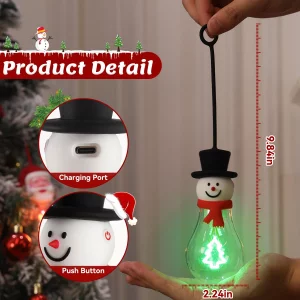 Brightever Snowman Christmas Ornaments for Wall Decorations, USB Rechargeable Plastic LED Light Bulb with Tree Shaped Filament, Decorative Hanging Or
