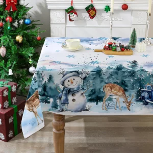 cusugbaso Christmas Tablecloth 60x84 Inches for Rectangle Tables - Christmas Decor for Table - Winter Snowman and Deer Water Resistant Table Cloth, X