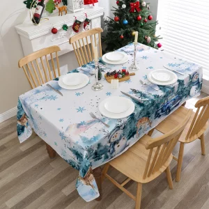 cusugbaso Christmas Tablecloth 60x84 Inches for Rectangle Tables - Christmas Decor for Table - Winter Snowman and Deer Water Resistant Table Cloth, X