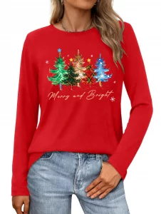 VVNTY Christmas Shirts for Women: Merry and Bright T Shirt Long Sleeve Christmas Tree Shirt Christmas Vacation Tees