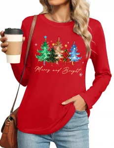 VVNTY Christmas Shirts for Women: Merry and Bright T Shirt Long Sleeve Christmas Tree Shirt Christmas Vacation Tees
