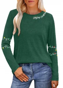 hohololo Christmas Shirts for Women Merry Christmas Long Sleeve Shirt Christmas Light Graphic Tees Xmas Holiday Tops Green