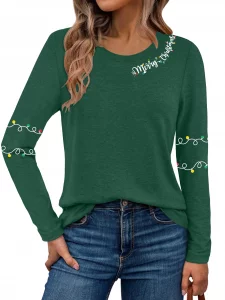 hohololo Christmas Shirts for Women Merry Christmas Long Sleeve Shirt Christmas Light Graphic Tees Xmas Holiday Tops Green