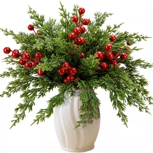 Watayo 45 Pcs Christmas Artificial Pine Branches with Red Berry Stems, 10.5