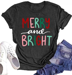 Christmas Shirts for Women Merry and Bright Letter Graphic Shirts Funny Printing Christmas Tops(MBT-04DG,Small)