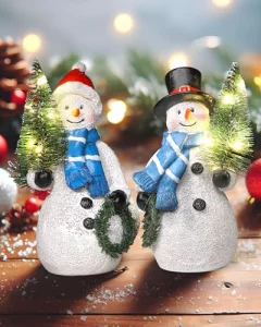 GoGnome Duo 5'' Resin Snowman Figurines with Lighted Christmas Tree Wreath - Christmas Decorations Indoor Snowman Decor Ornaments Centerpiece - Winte