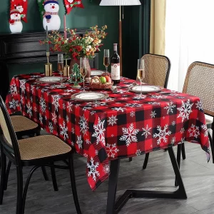 Christmas Tablecloth Rectangle, Plaid Table Cloth with Snowflake Decorations, Heavy Weight & Spillproof Table Cover for Dining, Party & Holidays (Sno