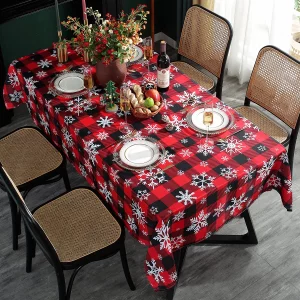 Christmas Tablecloth Rectangle, Plaid Table Cloth with Snowflake Decorations, Heavy Weight & Spillproof Table Cover for Dining, Party & Holidays (Sno