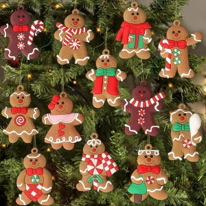 Gingerbread Man Ornaments for Christmas Tree, 12pcs Assorted Gingerbread Figurines Ornaments, Christmas Tree Hanging Decorations, 3 Inch Tall