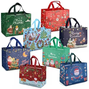 PARSUP 8PCS Christmas Gift Bags, Non-Woven Tote Treat Christmas Bags with Handles for Gifts Wrapping Shopping, Xmas Party Supplies, 12.8