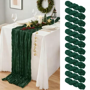 12 Pack Dark Green Cheesecloth Table Runner 10Ft, Christmas Table Runner 21.5 X 120 inch, Semi Sheer Cheese Cloth Fabric Boho Table Runner Bulk for C