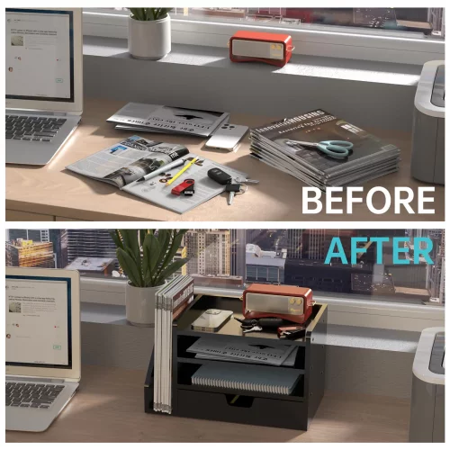 NiOffice Multi-Tier Wood Desk File Organizer, 3 Tray Shelves ...