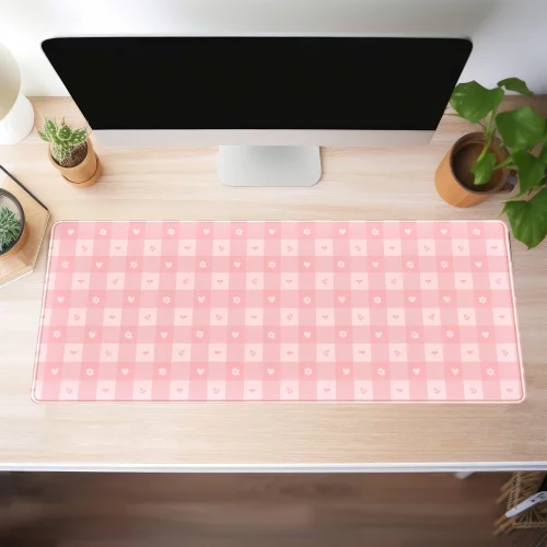 Pink Love Computer Mat Pink Minimalist Gingham Floral Desk Mat Gaming Mouse Pad Large Cute ...