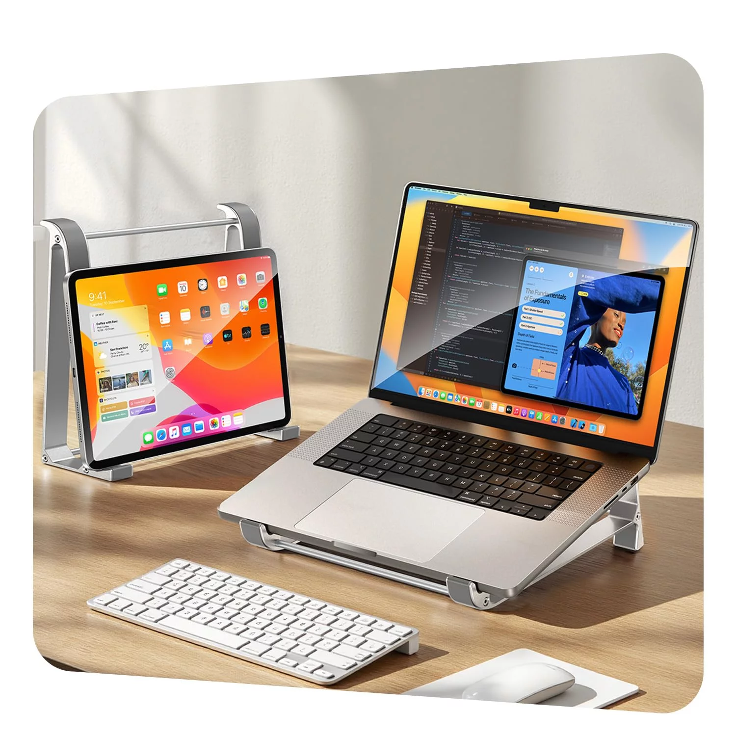 MAGIC JOHN Vertical Laptop Stand & Storage Holder - Portable Aluminum