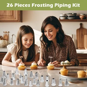 Hendiy Piping Tips, 26 Pieces Frosting Piping Kit Stainless Steel Icing Tips, Pastry Tips for Cake Decorating with Reusable Piping bag and Coupler