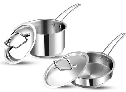 Vinod Classique Deluxe 2-Pc Stainless Steel Cookware Set  16 cm Saucepan & 20 cm Frypan, Extra-Deep Design, Riveted Handles, Induction & Gas Compati