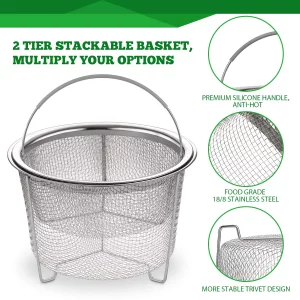 AOZITA Steamer Basket for Instant Pot Accessories 6 qt or 8 quart - 2 Tier Stackable 18/8 Stainless Steel Mesh - Silicone Handle - Vegetable Steamer 