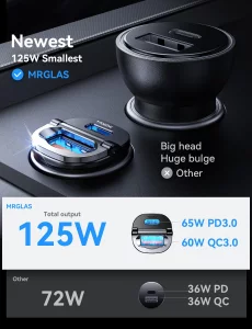 ?Upgraded? 125W Car Charger USB C Super Fast Charging, [PD65W & QC60W][All Metal] MRGLAS Cigarette Lighter Car Charger, Car Accessories for iPhone 17