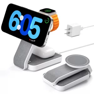 Eazpower 3 in 1 Foldable Wireless Travel Charging Station for MagSafe, Nightstand Magnetic Charger Stand for iPhone 17 16 15 14 Pro Max, Charging Doc