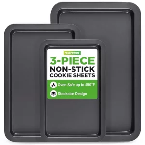 NutriChef 3-Piece Non-Stick Cookie Sheets for Baking - Heavy Duty Steel Baking Sheet Pans for Toasters & Oven - Small, Medium, & Large Size Baking Tr