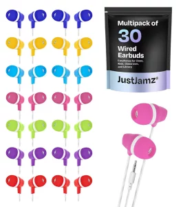 JustJamz 30 Pack Bulk Earbuds  Wired Ear Buds for School and Classroom  Earbuds for Kids Bulk  Class Set Earphones with 3.5mm Jack  Assorted Colo