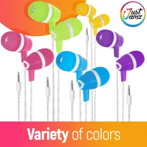 JustJamz 30 Pack Bulk Earbuds  Wired Ear Buds for School and Classroom  Earbuds for Kids Bulk  Class Set Earphones with 3.5mm Jack  Assorted Colo