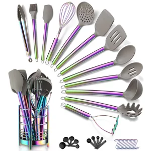 38 Piece Silicone kitchen Cooking Utensils Set with Utensil Crocks, Silicone Head and Stainless Steel Handle Cookware, Kitchen Tools for Utensil Set,