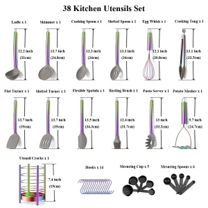 38 Piece Silicone kitchen Cooking Utensils Set with Utensil Crocks, Silicone Head and Stainless Steel Handle Cookware, Kitchen Tools for Utensil Set,