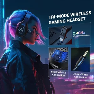 EKSA 2.4GHz Wireless Gaming Headset with Noise Canceling Microphone for PS5, PC, PS4 Bluetooth Gaming Headphones with USB & Type-C Connector, 52Hrs B