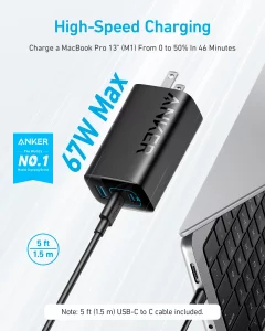 Anker 67W USB C Charger, 3 Port PIQ 3.0 Compact and Foldable Fast Charger for MacBook Pro, iPad, Galaxy, iPhone 17 Series and More (5FT USB-C Cable I