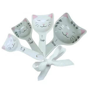 Cat Measuring Spoons - Cute Measuring Spoons Set w/Ribbon- Cat Kitchen Accessories for Cat Baking Supplies - Ceramic Measuring Spoons Set - Cat Theme