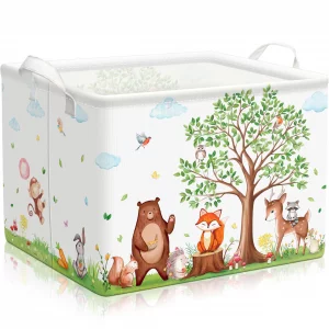 TREWAVE Baby Storage Basket Woodland Animals Gift Basket with Handles Rectangular Collapsible Clothes Towel Toys Bin Bookshelf Organizer for Baby Sho