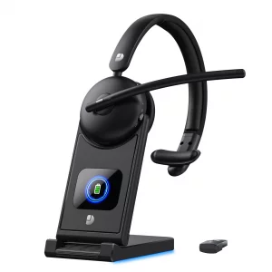 Wireless Headset with Mic for Work, Wireless Headset with Microphone (Noise Cancelling), Smart Mult-Func Dock, 65H Worktime&Fast Charge Bluetooth Hea