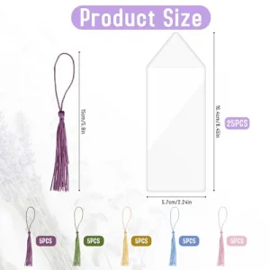 25Pcs Bookmark Sleeves Clear with Tassels Plastic Blank Vinyl Photo Booth Strip Frames Holder Cover Bookmark Holder Sleeves with Hole for Students Re