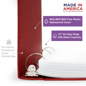 Carstens 1.5-Inch Heavy Duty 3-Ring Binder - Side Opening, Brick Red, Durable Plastic, Precision No-Gap Rings, Waterproof Cover, No Pockets, Holds 25
