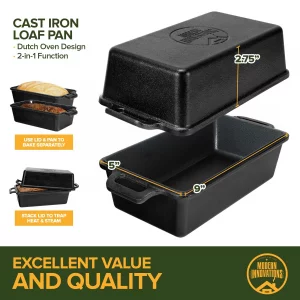 Modern Innovations Cast Iron Bread Pan with Lid 9x5 Inch, Pre-Seasoned Loaf Pan for Baking Sourdough, Banana Bread, Meatloaf and Casseroles, Heavy Du