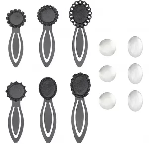 SUNNYCLUE 1 Box 6 Sets Bezel Tray Bookmark Cabochon Bookmarks Metal Alloy Trays Transparent Round Glass Clear Include Read Markers Bezels for Jewelry