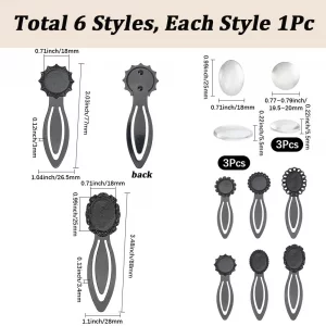 SUNNYCLUE 1 Box 6 Sets Bezel Tray Bookmark Cabochon Bookmarks Metal Alloy Trays Transparent Round Glass Clear Include Read Markers Bezels for Jewelry