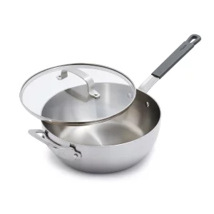 GreenPan x Bobby Flay Stainless Steel 3.75QT Saucepan & Glass Lid, Professional Grade Tri-Ply Chefs Pan, Multiclad, Induction Suitable, Dishwasher & 