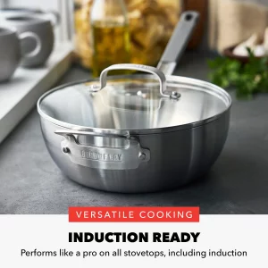 GreenPan x Bobby Flay Stainless Steel 3.75QT Saucepan & Glass Lid, Professional Grade Tri-Ply Chefs Pan, Multiclad, Induction Suitable, Dishwasher & 