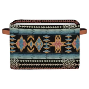 Boho Style Brown Ethnic Painted Square Storage Basket, Fabric Storage Bin with Leather Handles Aztec Pattern Collapsible Storage Bin Nursery Hamper f