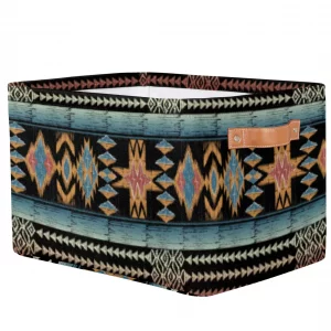 Boho Style Brown Ethnic Painted Square Storage Basket, Fabric Storage Bin with Leather Handles Aztec Pattern Collapsible Storage Bin Nursery Hamper f