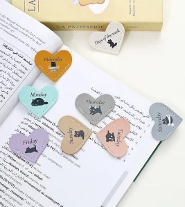 Personalized Leather Heart Bookmark,8Pcs Days of The Week Cute Cat Bookmarks,Suitable for Women Children Reading Accessories The Book Lovers Students