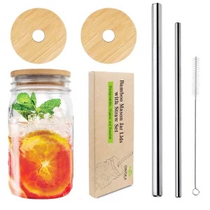 Mason Jar Lids with Straw Hole, Bamboo Lids for Beer Can Glass, CNVOILA ECO Reusable Bamboo Mason Jar Lids for Regular Mouth Mason Jar with 2 Reusabl