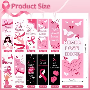 120 Pcs Breast Cancer Awareness Bookmarks Bulk, Pink Ribbon Breast Cancer Awareness Accessories Book Marks, Breast Cancer Survivor Gifts for Women Ch