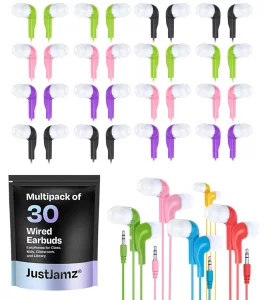 JustJamz Jelly Roll Bulk Earbuds  30 Pack Wired Ear Buds for Classroom, Students, and Kids with 3.5mm Jack  School Earphones, Chromebook Compatible