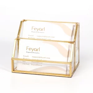 Feyarl Gold Glass Business Card Holder 2 Slots Name Cards Display Stand Business Cards Organizer Storage for Office Meeting Front Desktop Countertop