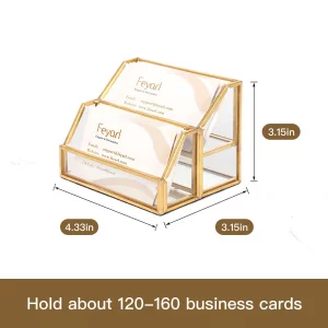 Feyarl Gold Glass Business Card Holder 2 Slots Name Cards Display Stand Business Cards Organizer Storage for Office Meeting Front Desktop Countertop