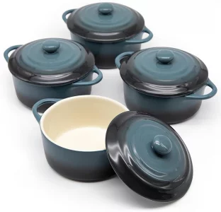 Kook Ceramic Mini Cocotte Set, Small Casserole Dishes with Lids and Handles, Individual Baking Ramekins, Oven, Microwave & Dishwasher Safe, Stoneware