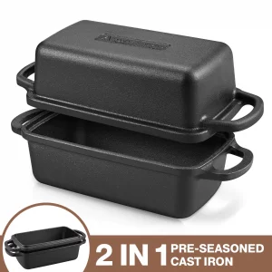 2 in 1 Cast Iron Bread Pan with Lid, Durable Loaf Pans for Baking Homemade Sourdough and Meatloaf, Bread Oven Cast Iron Cookware, Bread Loaf Pan, Sou